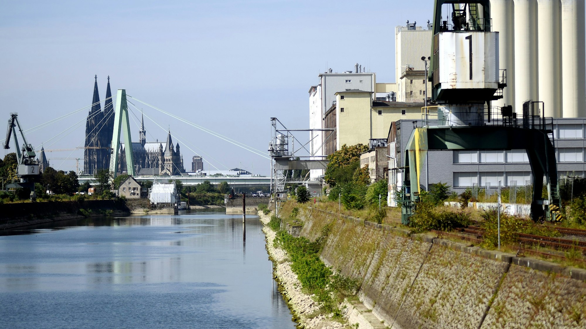Zu sehen ist der Deutzer Hafen. Im Hintergrund zu sehen sind die Severinsbrücke und der Kölner Dom.