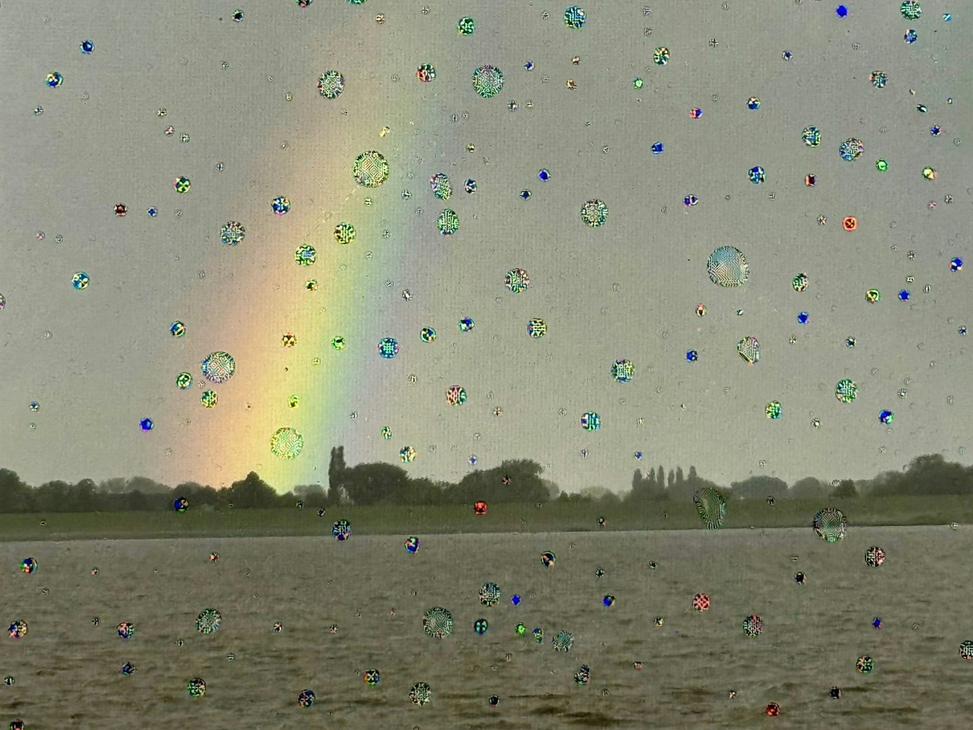 Regentropfen auf einer Scheibe im Vordergrund. Dahinter ist ein Regenbogen zu sehen.