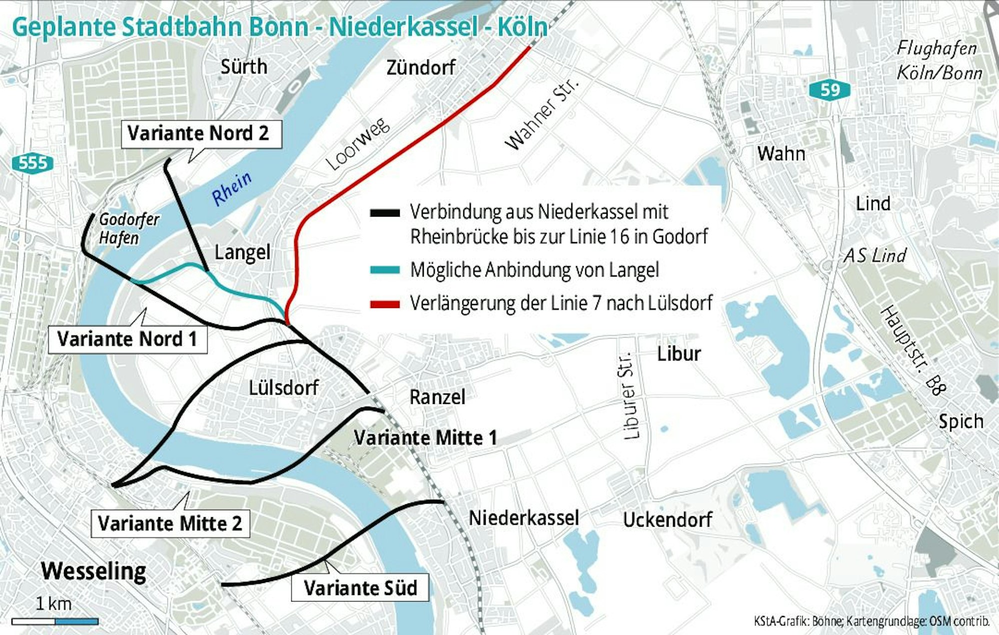 Zu sehen ist eine Grafik, die die vier verschiedenen Varianten für die geplante Stadtbahn zeigt.