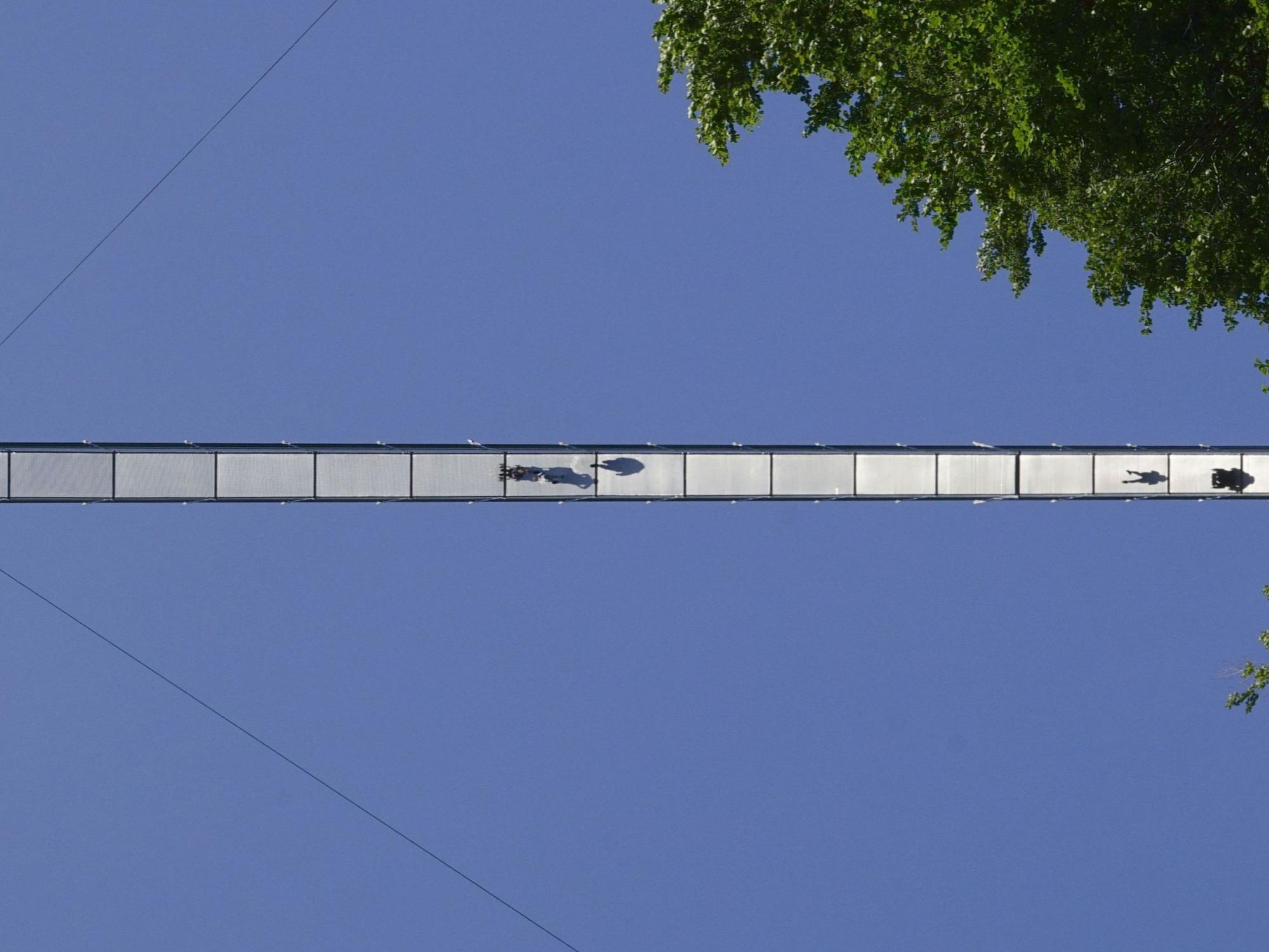Eine Hängebrücke von unten fotografiert.