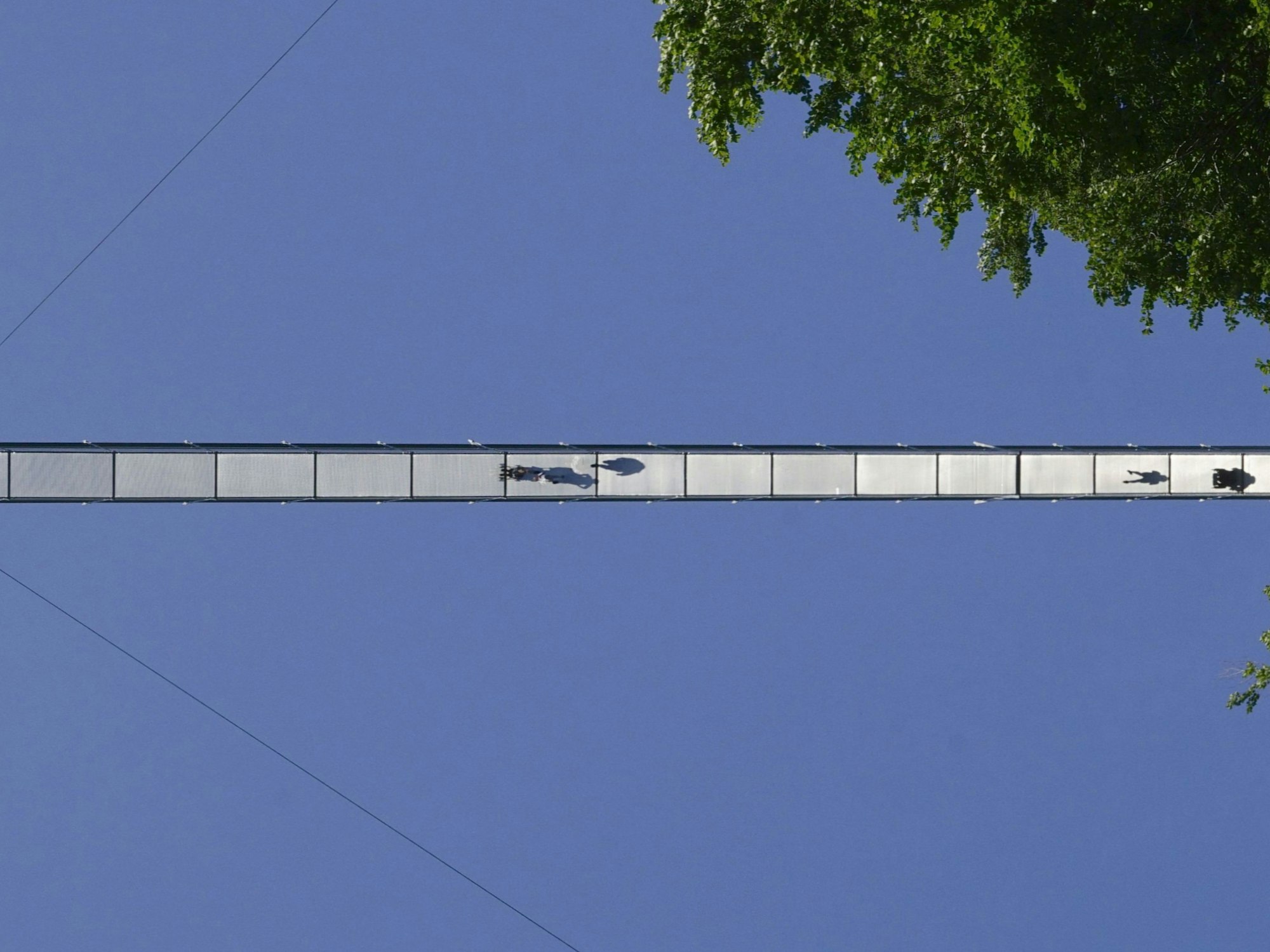 Eine Hängebrücke von unten fotografiert.