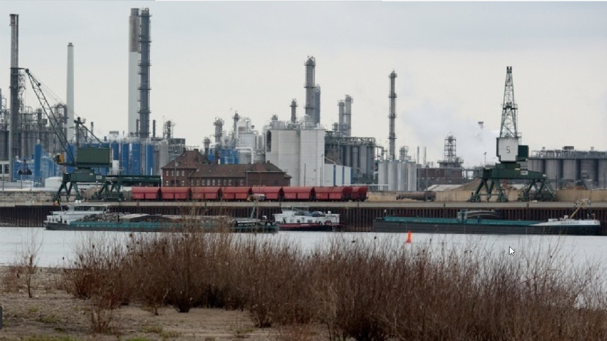 Der Rhein mit dem Godorfer Hafen in Köln