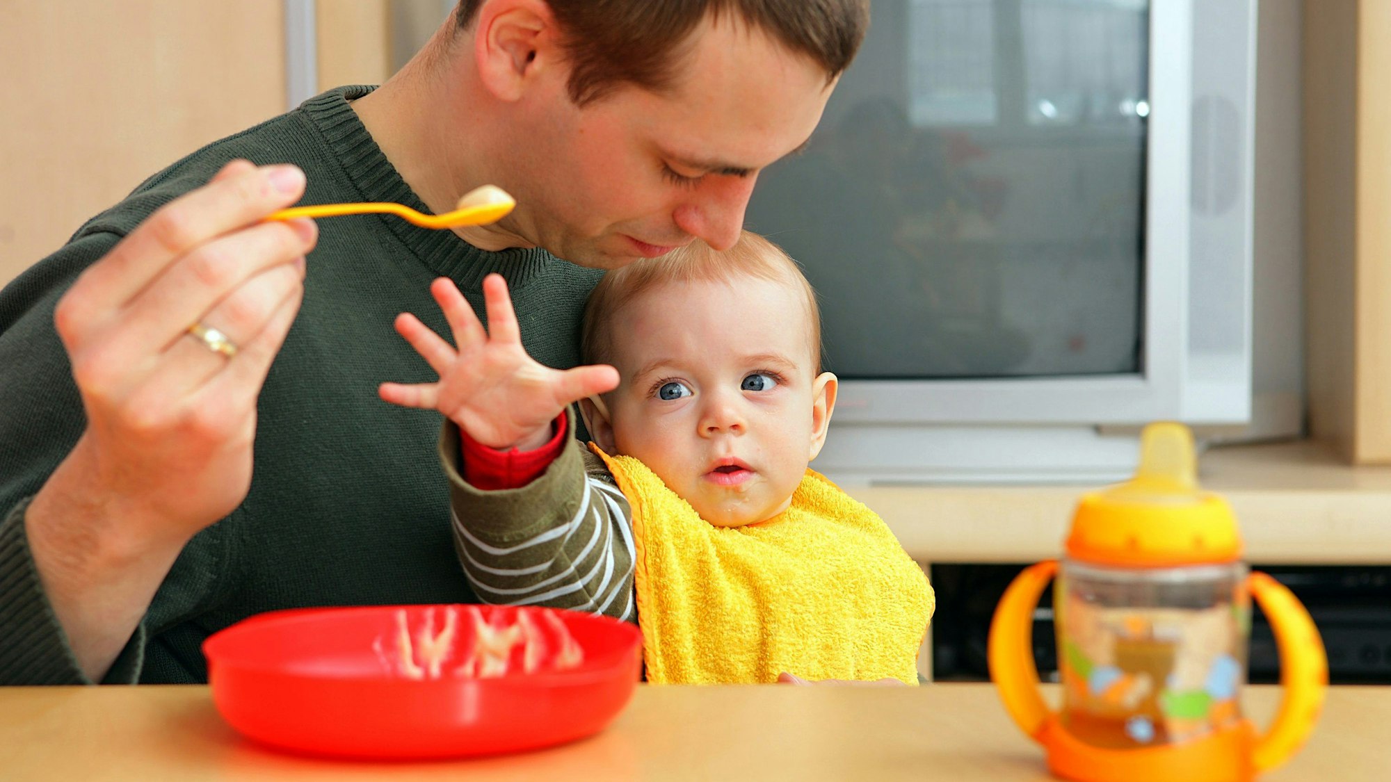 Ein Vater füttert sein Baby auf dem Schoß. Das greift nach dem Breilöffel.