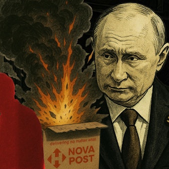 Auf einer Kollage sind Schattenrisse von Männern und das Konterfei von Putin zu sehen.