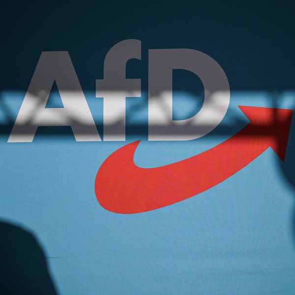 Ein Redner wirft einen Schatten auf die Bühnenrückwand mit AfD-Schriftzug auf einer Veranstaltung.
