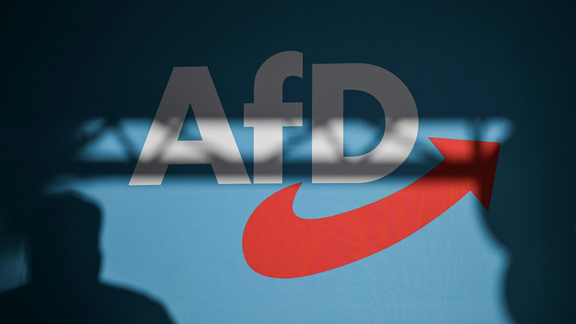 Ein Redner wirft einen Schatten auf die Bühnenrückwand mit AfD-Schriftzug auf einer Veranstaltung.