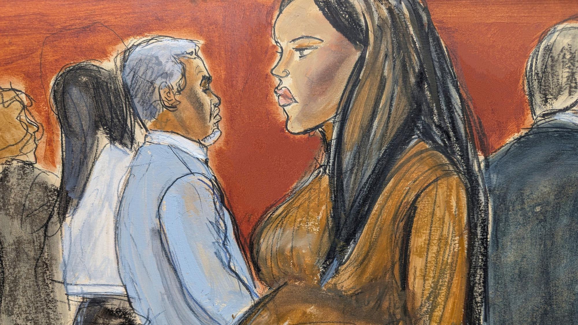 Eine Zeichnung der hochschwangeren Cassie Ventura im Gerichtssaal.