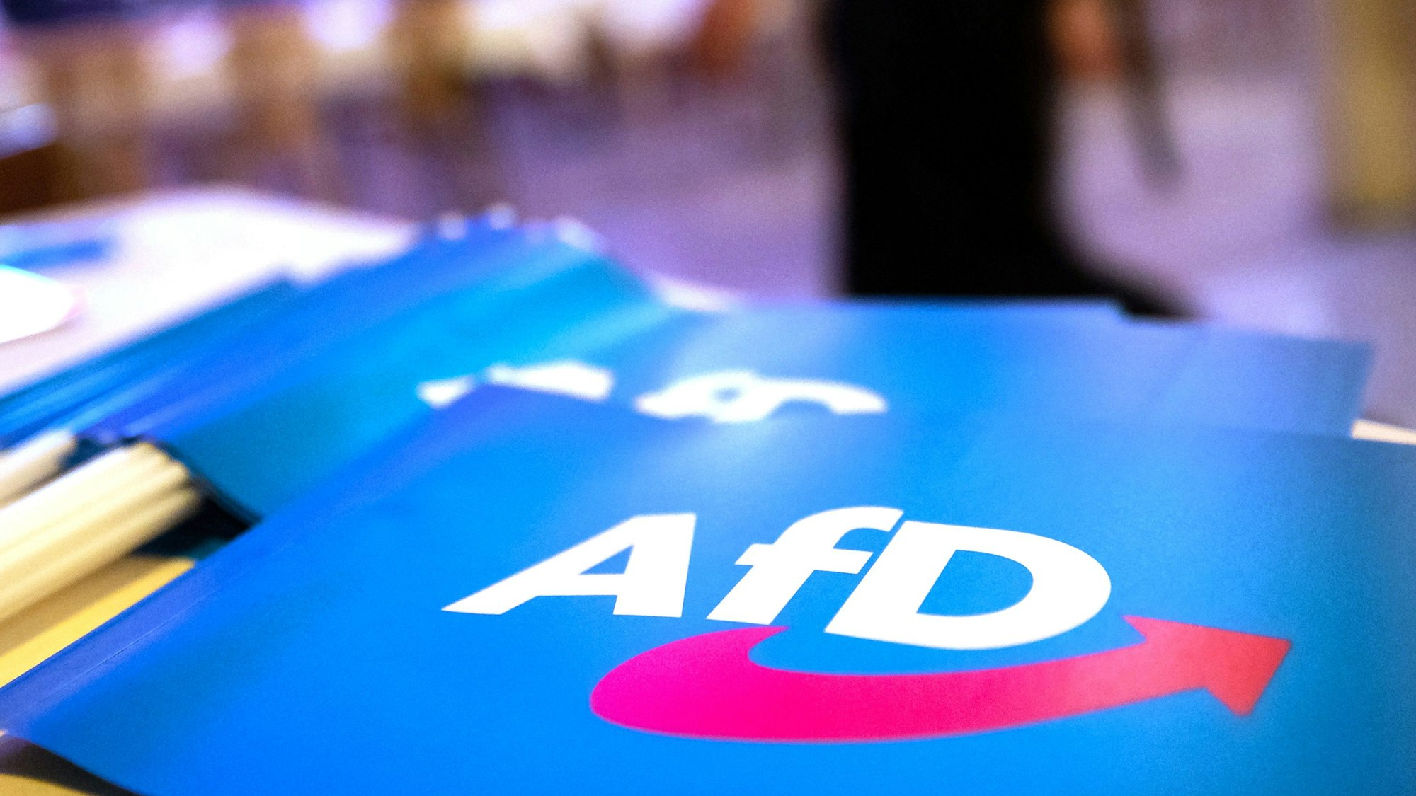 Fähnchen mit dem Logo der AfD liegen auf einem Tisch.