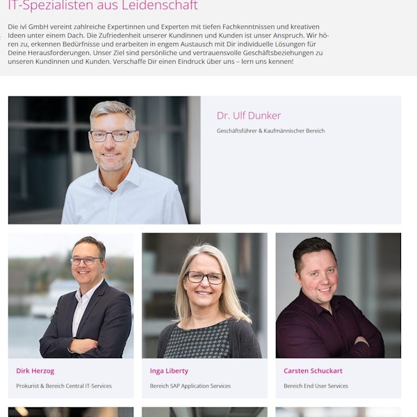 Screenshot mit IVL-Geschäftsführer Ulf Dunker (linkes oberes Bild) sowie Dirk Herzog, Inga Liberty und Carsten Schuckert aus der Führungsebene des IT-Unternehmens