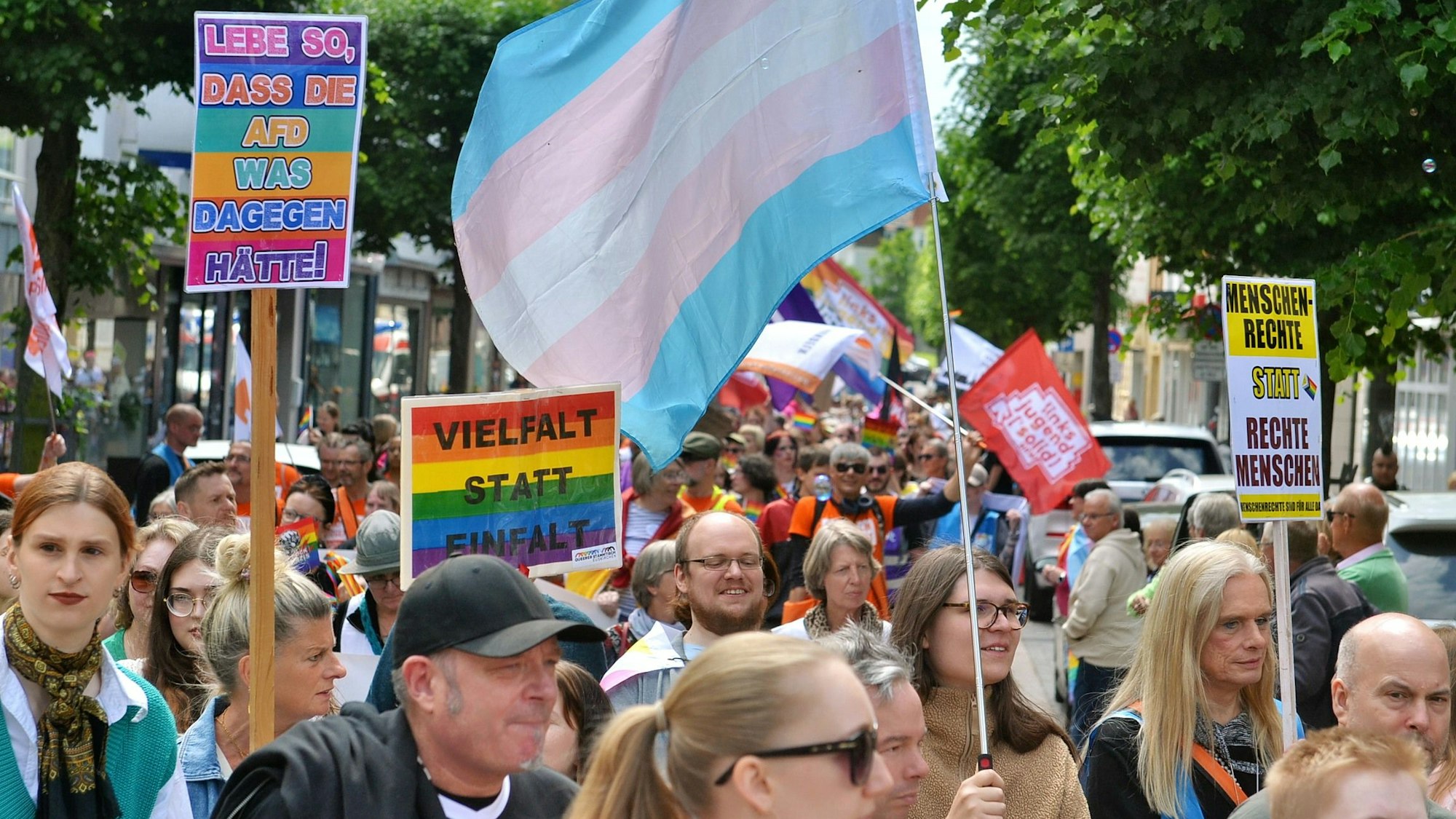 Das Foto zeigt einen Ausschnitt aus der Demo. Menschen halten Plakate hoch. Die Aufschriften lauten unter anderem „Vielfalt statt Einfalt“ oder „Menschenrechte statt rechte Menschen“.