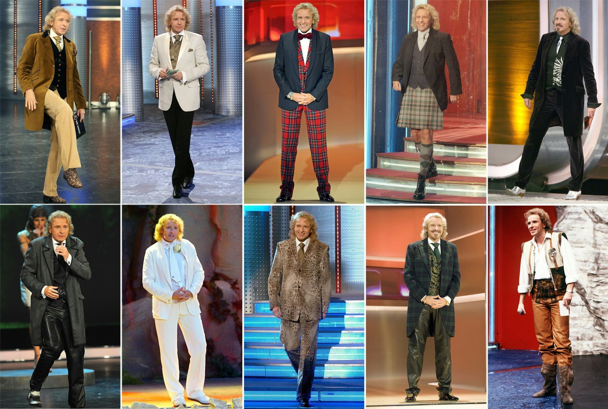 Die Bildkombo zeigt Moderator Thomas Gottschalk in verschiedenen Outfits beim Auftritt in der ZDF-Show «Wetten, dass..?» (Archivfotos).