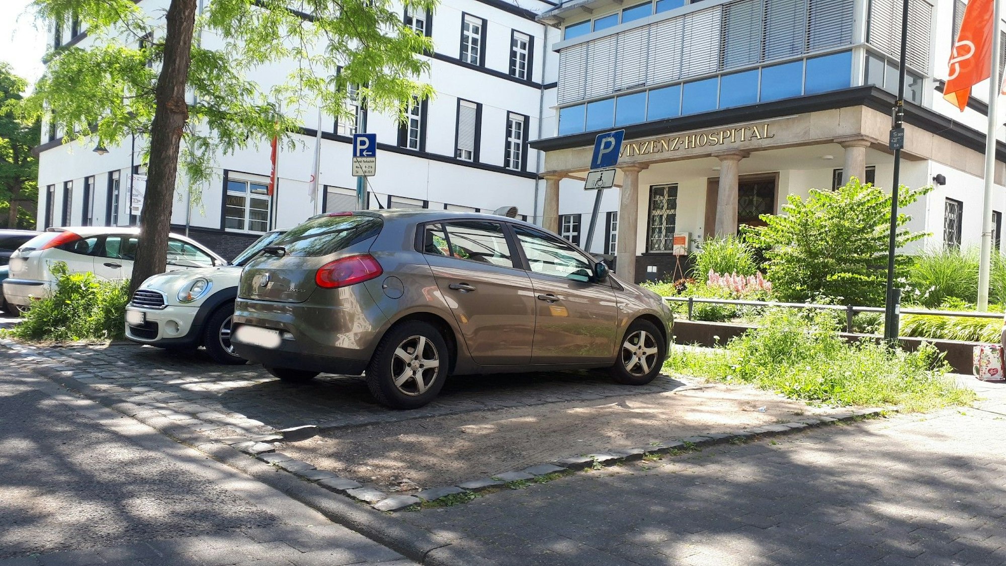 Im Vordergrund ist eine der früheren Baumscheiben zu sehen. Insgesamt vier Bäume wurden vor dem St.-Vinzenz-Krankenhaus aus Sicherheitsgründen gefällt.