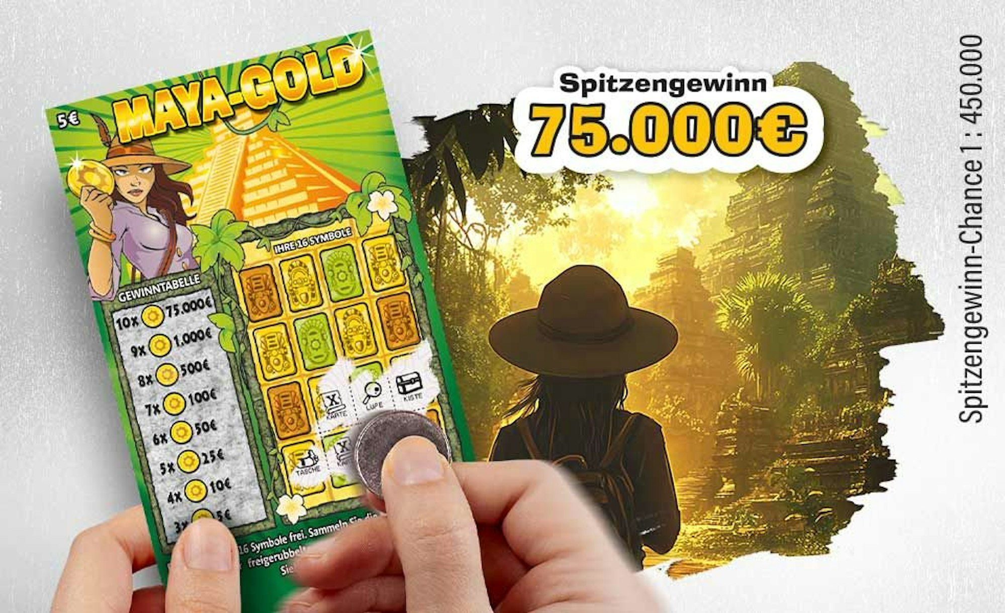 Beim WestLotto Rubbellos Maya-Gold winkt ein Spitzengewinn von 75.000 Euro.