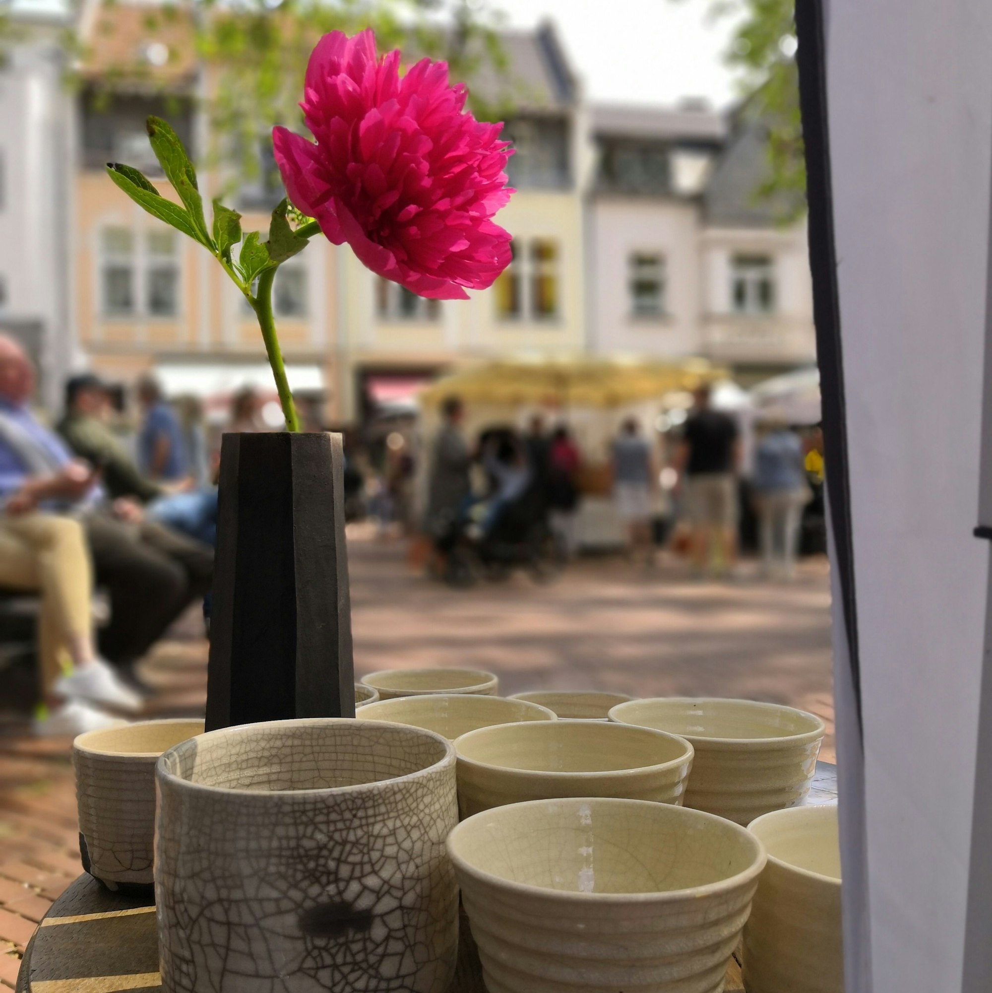 Becher in verschiedenen Größe, eine Vase mit einer Blume.