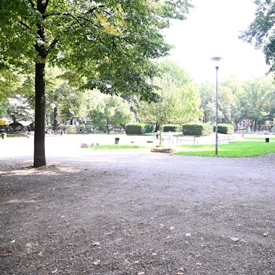 Schotterwege und Grünflächen mit hohen Bäumen am Rand sind zu sehen.