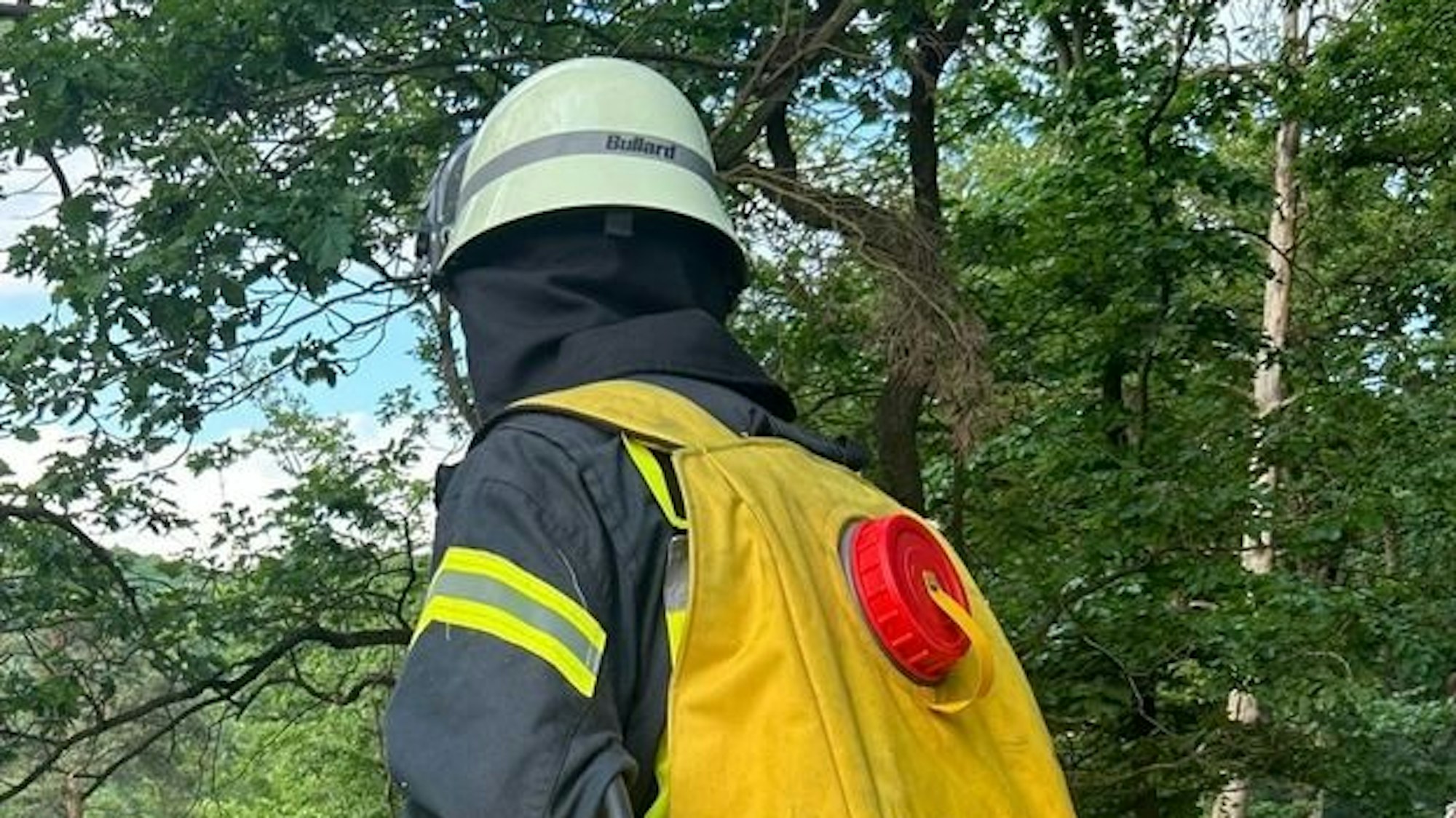 Einsatz der Feuerwehr bei einem Vegetationsbrand in schwer zugänglicher Hanglage zwischen Bad Honnef-Selhof und der Landesgrenze zu Rheinland-Pfalz