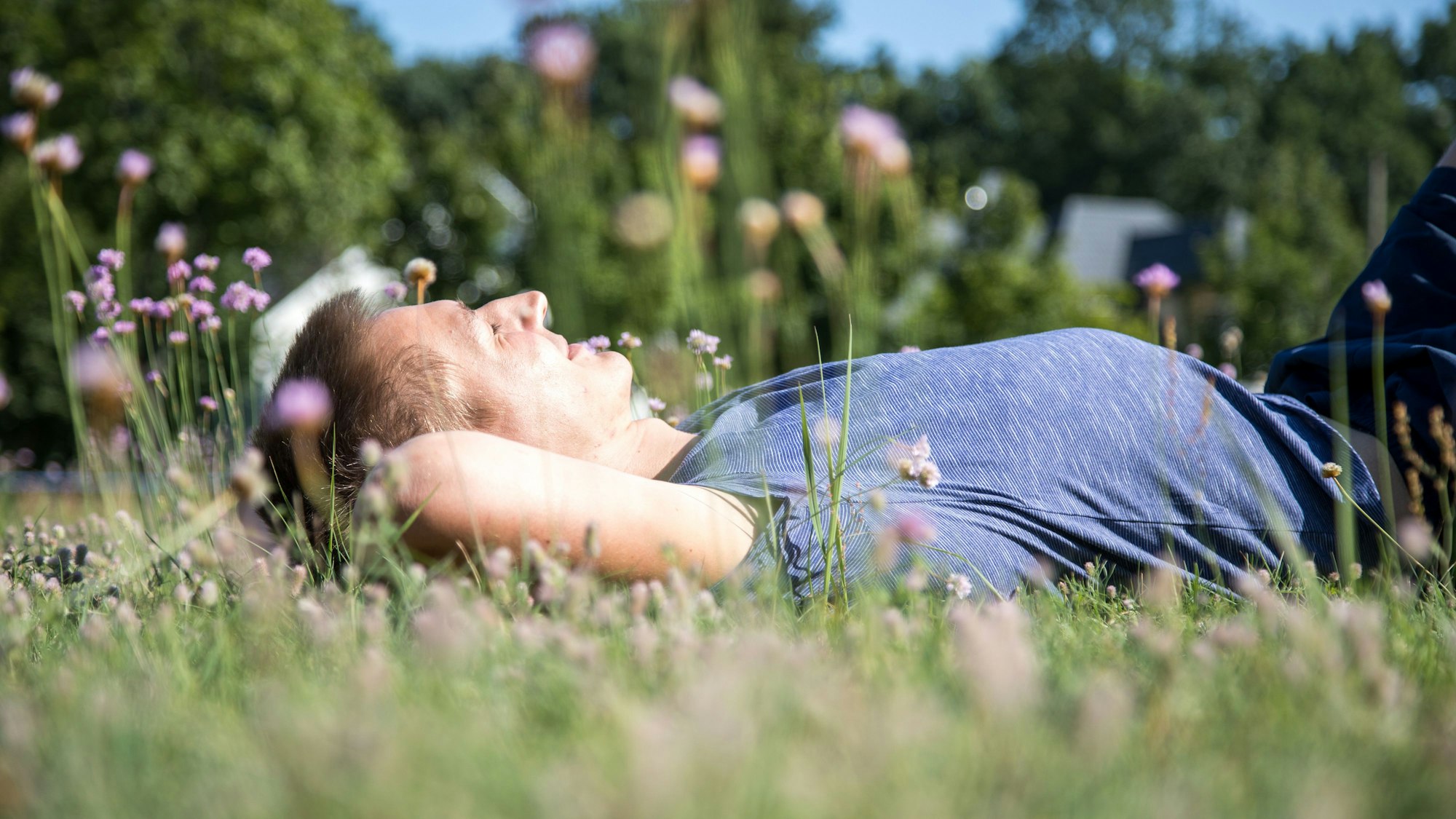 Ein Mann liegt am 15.08.2017 an einem Badesee in Oranienburg (Brandenburg) auf einer Wiese und sonnt sich (gestellte Szene).
