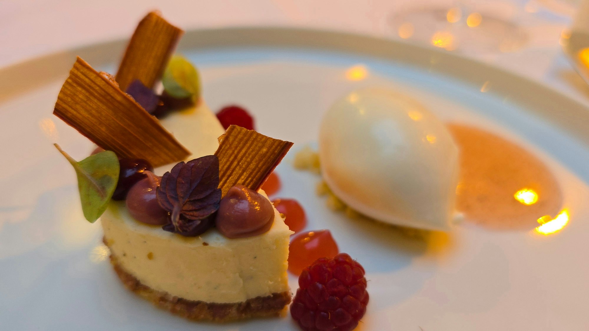 Japanische Creme mit Himbeere, Sauerrahm-Eis, Rhabarberblättern und Rhabarbersud.