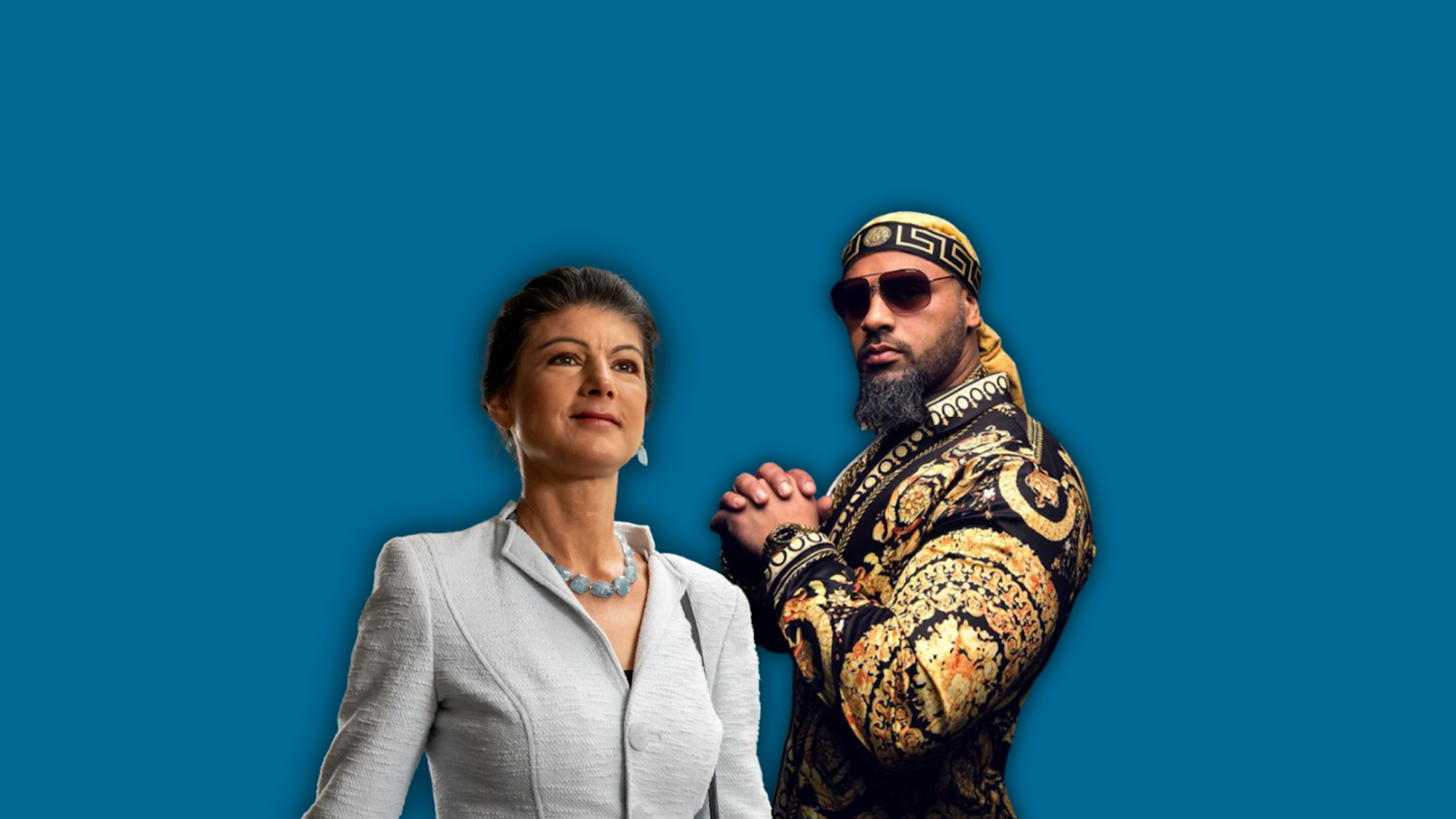 Das Bild zeigt BSW-Chefin Sahra Wagenknecht und Rapper Massiv. Foto: Asfand Saeed / Michael Kappeler, Bildmontage: KStA.de