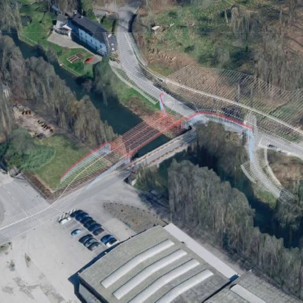 Die Montage zeigt, wie das neue Brückenbauwerk über die Agger aussehen soll. Es wird parallel neben der Dörrenberger Brücke gebaut, die später abgerissen wird.