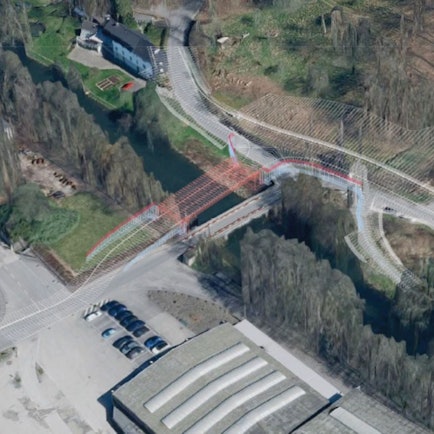 Die Montage zeigt, wie das neue Brückenbauwerk über die Agger aussehen soll. Es wird parallel neben der Dörrenberger Brücke gebaut, die später abgerissen wird.