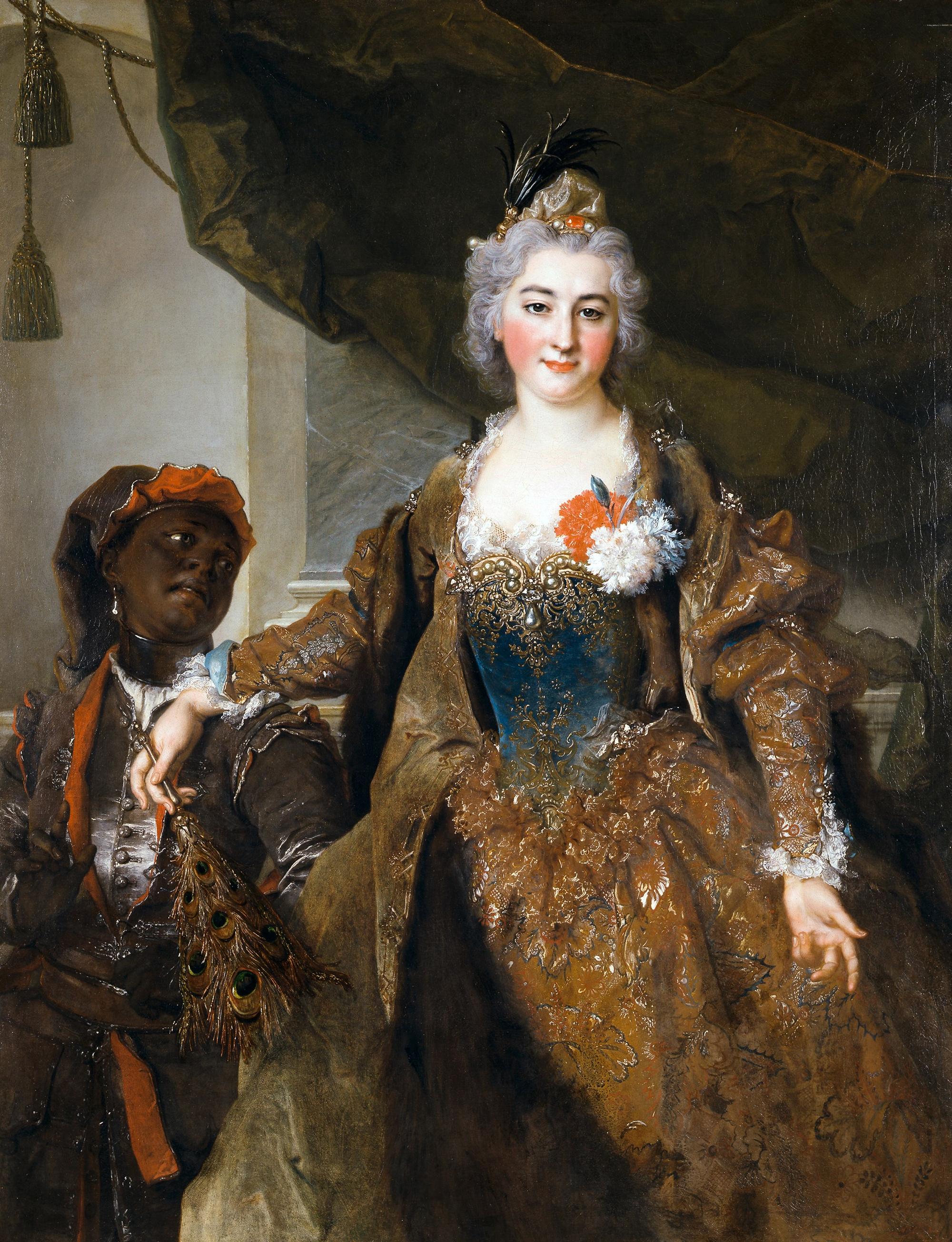 Eine feine Dame posiert mit einem Sklaven.