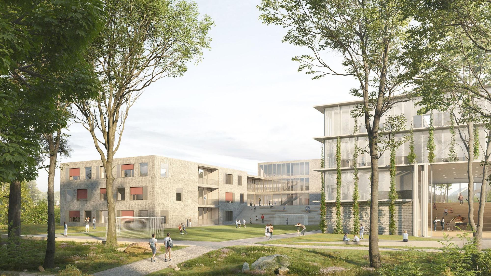 Die Grafik zeigt eine Außenansicht des geplanten neuen Schulzentrums in Wipperfürth.