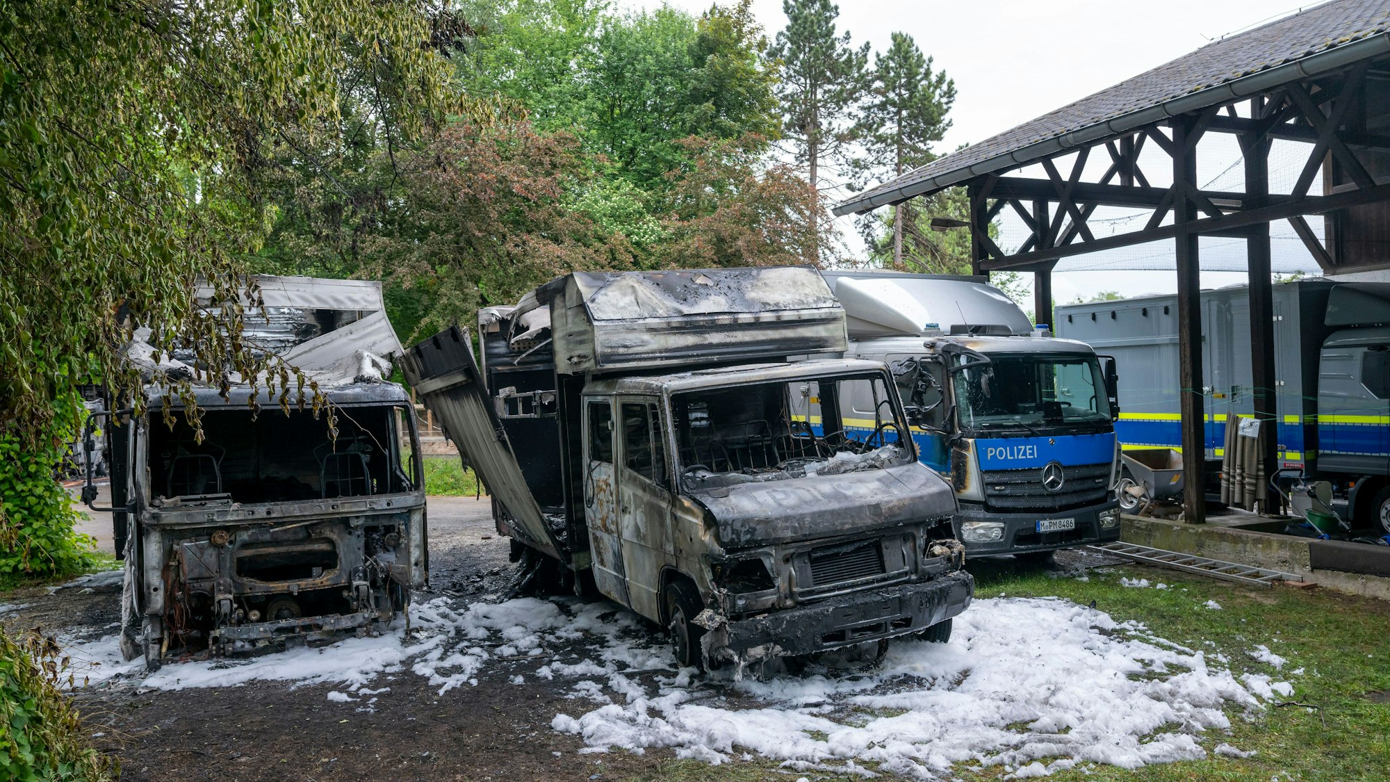 Mehrere Fahrzeuge der Polizei stehen nach einem mutmaßlichen Brandanschlag auf Polizei-Reiterstaffel auf dem Gelände in München.