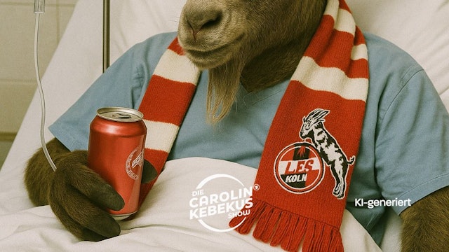 Ein Geißbock mit FC-Schal hängt in einem Krankenett am Tropf.