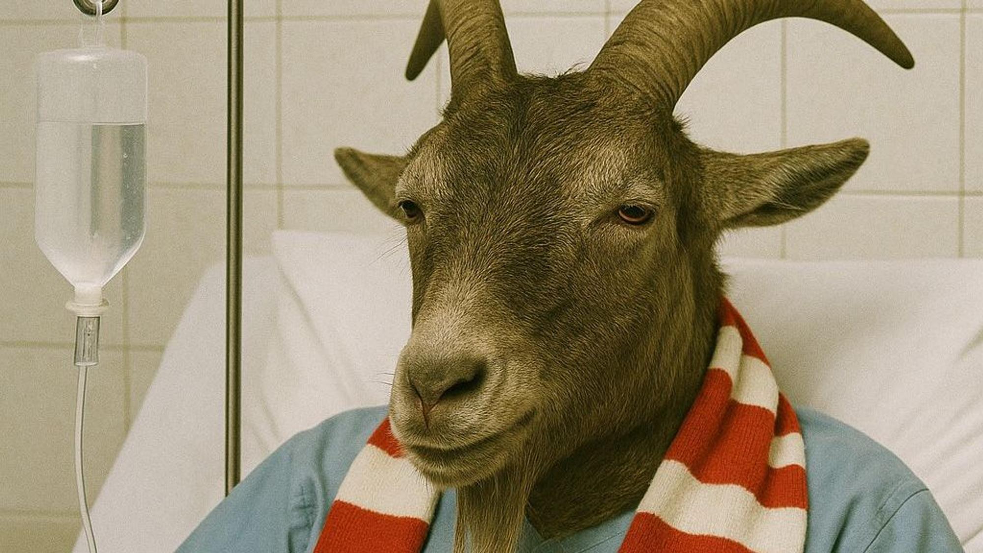 Ein Geißbock mit FC-Schal hängt in einem Krankenett am Tropf.