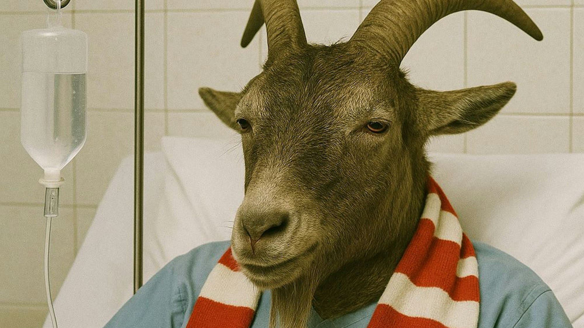 Ein Geißbock mit FC-Schal hängt in einem Krankenett am Tropf.