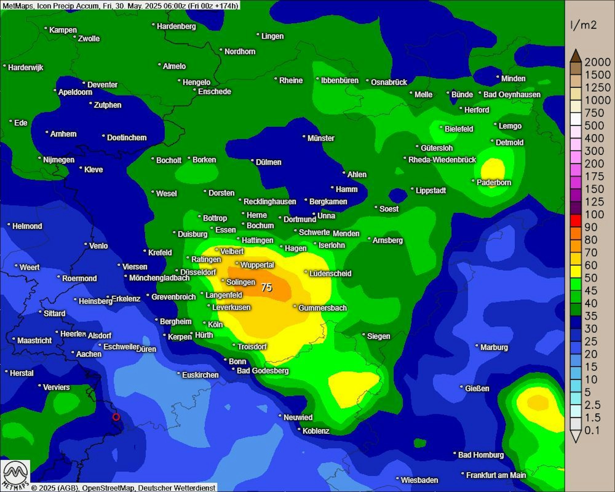 Die Karte zeigt die aufaddierten Regenmengen für NRW bis zum Ende des Monats Mai 2025 (ICON-Modell).