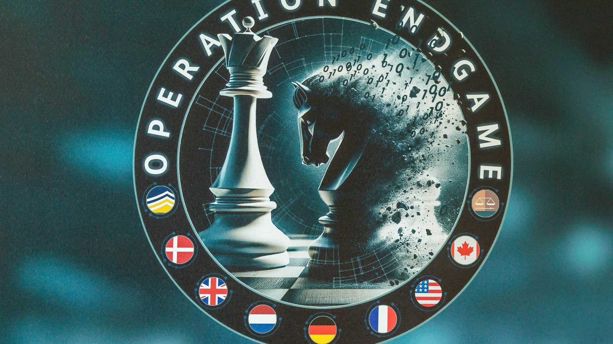 Das Logo der „Operation Endgame“, aufgenommen auf einem Aufsteller bei einer Pressekonferenz zum Schlag gegen weltweite Cyberkriminalität.