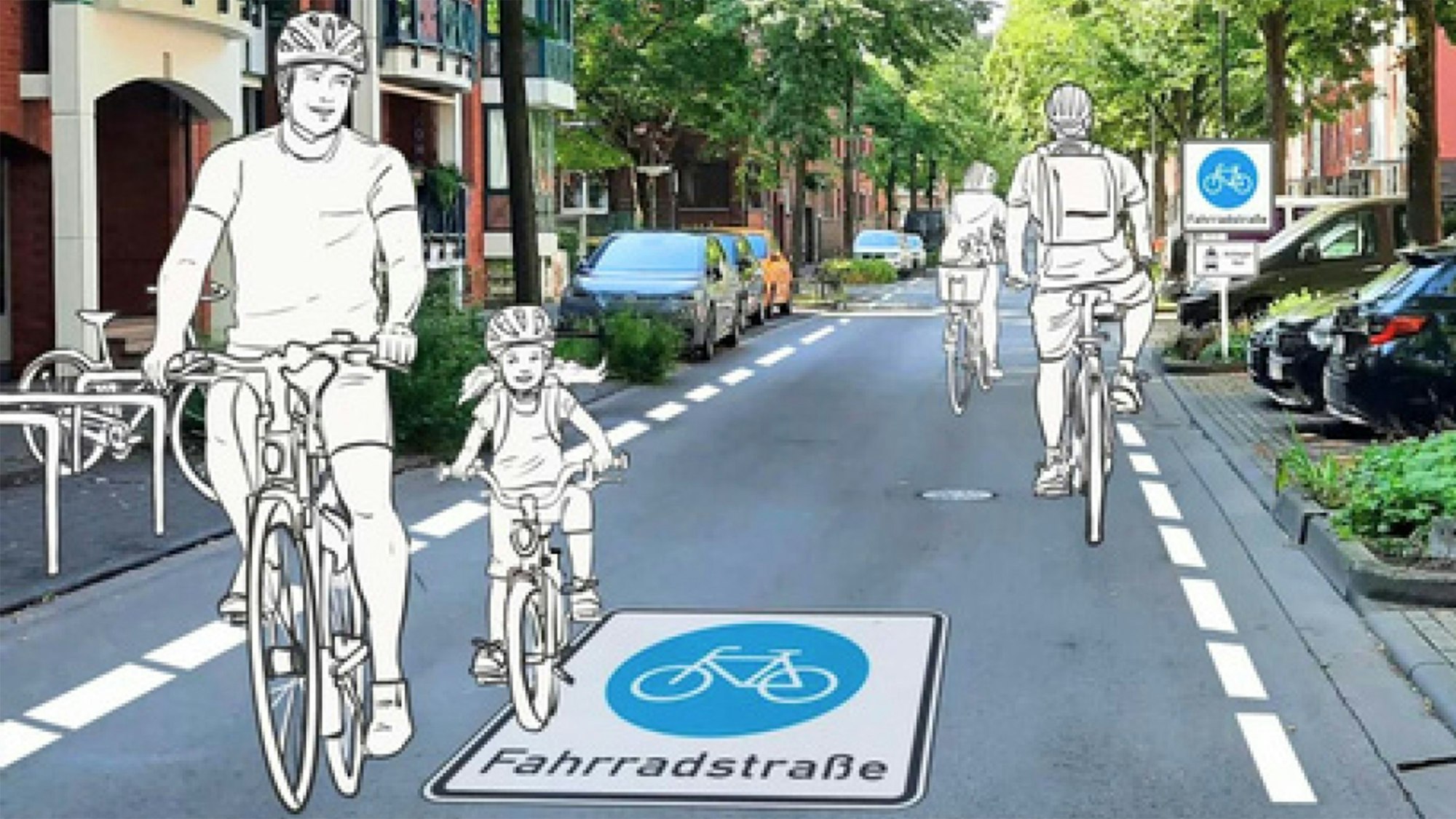 Gezeichnete Fahrradfahrer fahren auf einer Fahrradstraße durch eine Stadt.
