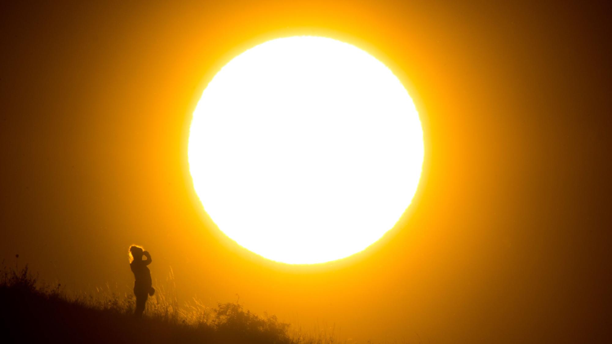 Eine Spaziergängerin steht vor der untergehenden Sonne am Kronsberg.