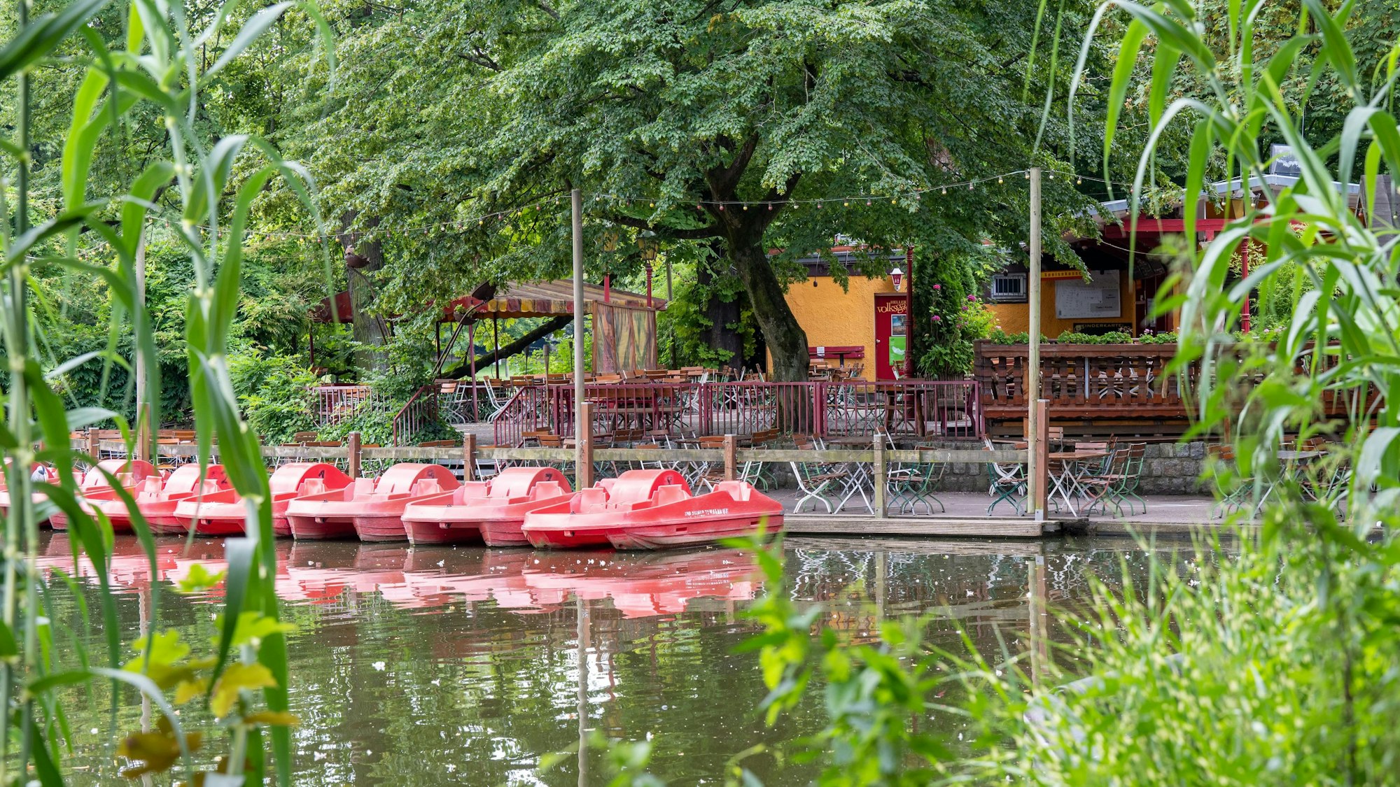 26.07.2021, Köln: Tretbootverleih und Biergarten am Teich im Volksgarten.