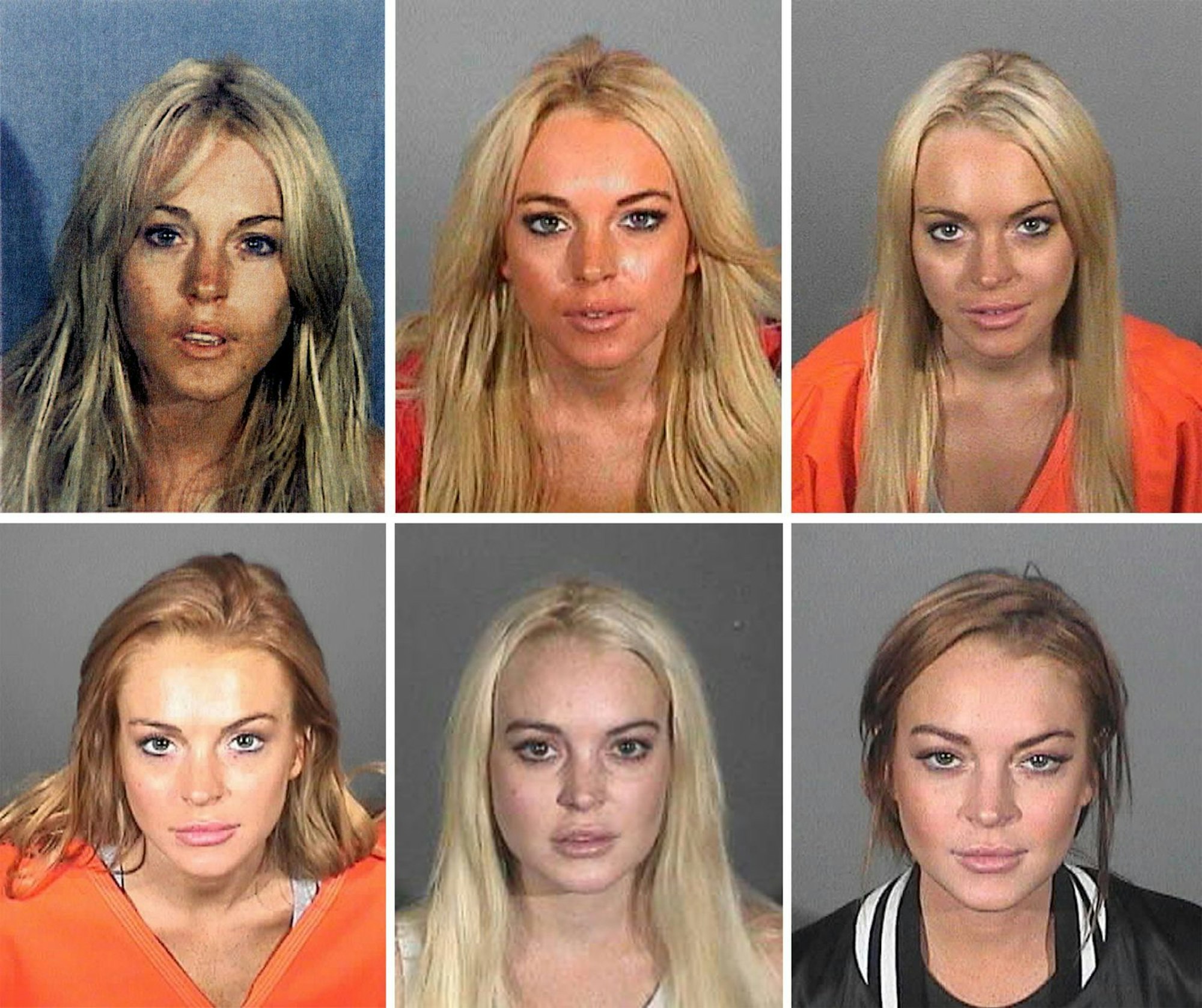 Die Skandalakte der Lindsay Lohan ist lang. Die Collage zeigt diverse Fotos, die nach Verhaftungen entstanden. (Bild: 2007 Los Angeles County Sheriff's Department/Handout)