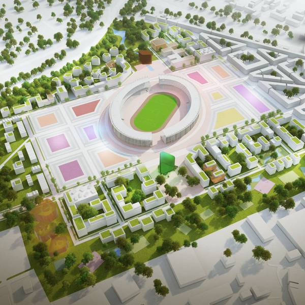 So könnte ein temporäres Leichtathletik-Stadion mit angrenzendem Olympischen Dorf auf dem Kreuzfeld-Gelände im Stadtbezirk Chorweiler aussehen.