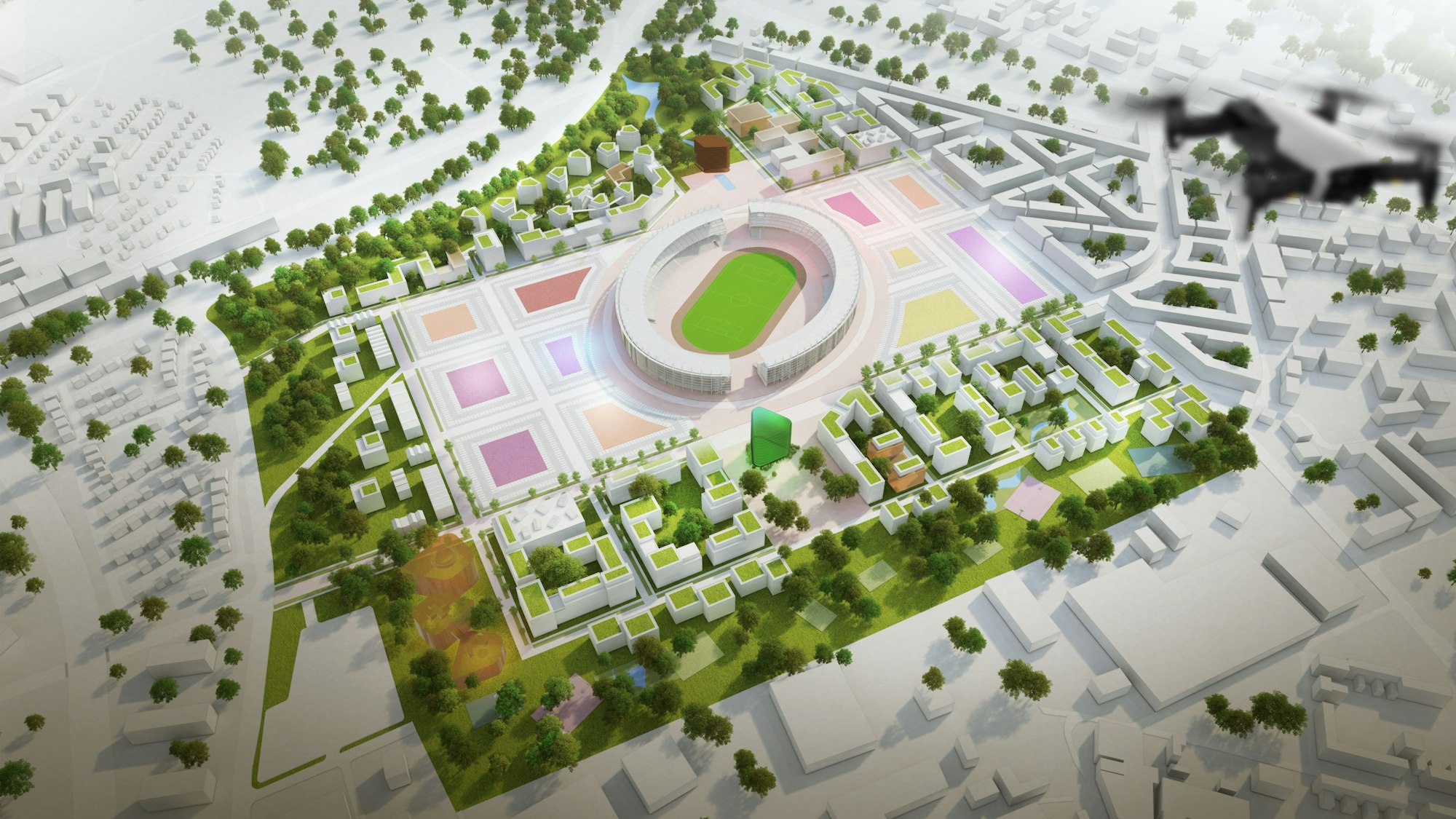 So könnte ein temporäres Leichtathletik-Stadion mit angrenzendem Olympischen Dorf auf dem Kreuzfeld-Gelände im Stadtbezirk Chorweiler aussehen.