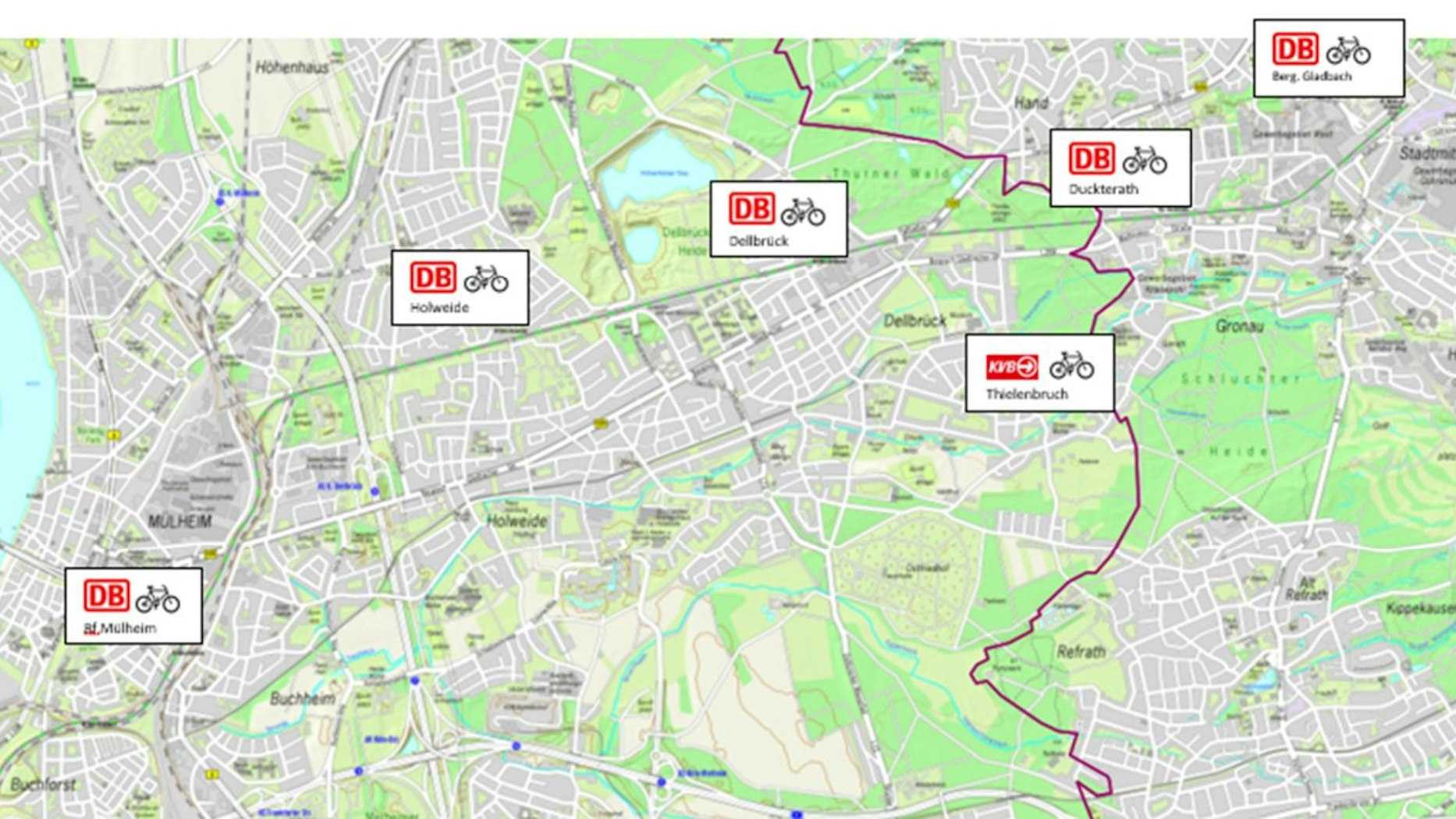 Ein Stadtplan von Köln und Bergisch Gladbach zeigt die Stationen, an denen man sich E-Bikes ausleihen kann.