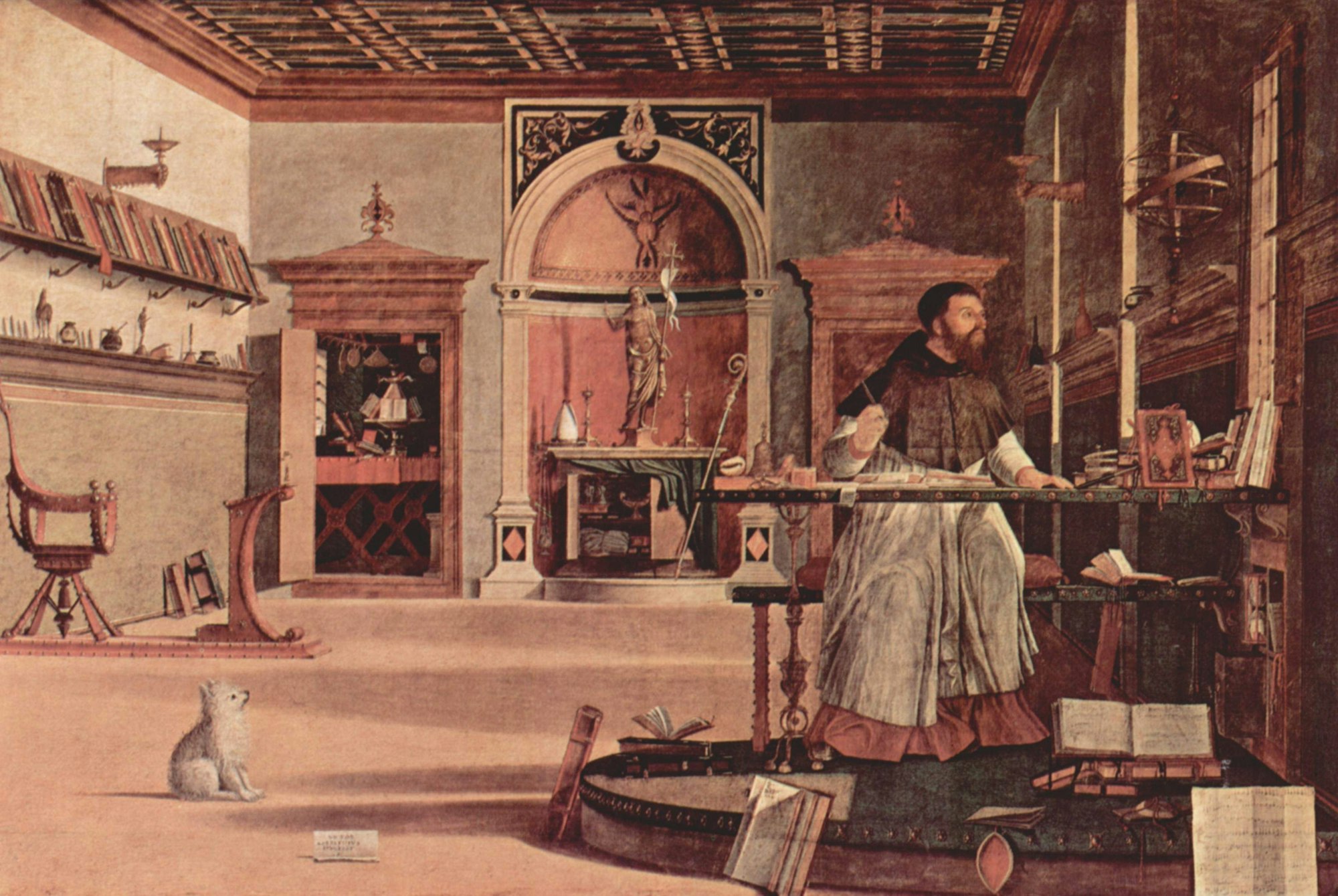 Vision des heiligen Augustinus, Vittore Carpaccio, Venedig 1502. Gemäldezyklus mit Episoden aus dem Leben des heiligen Hieronymus in der Kapelle der Scuola di San Giorgio degli Schiavoni,