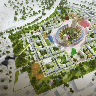 Die Visualisierung eines temporären Olympiastadions mit Olympischem Dorf in Köln.