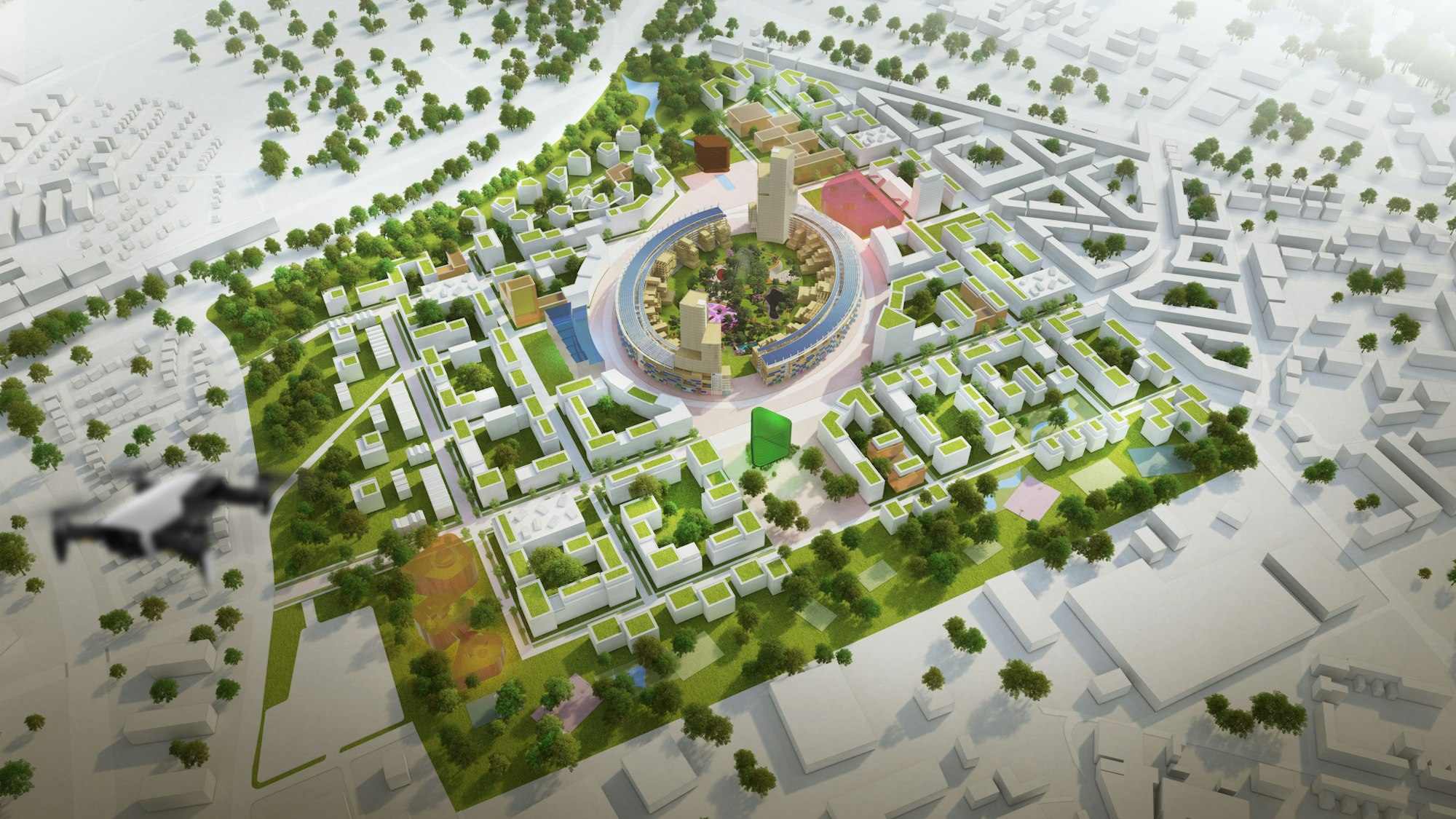 Nach den Olympischen Spielen würden Stadion und Dorf weitergebaut und in einen neuen Stadtteil verwandelt werden.