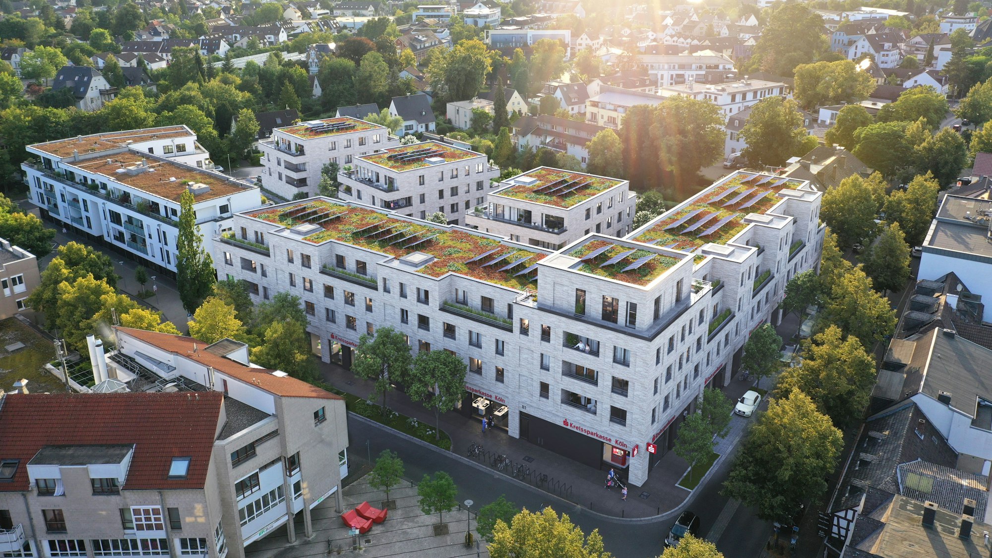 Die geplante Neubebauung an der Ecke Frankfurter Straße/Lindenstraße und dem dahinter liegenden Hof aus der Vogelperspektive.