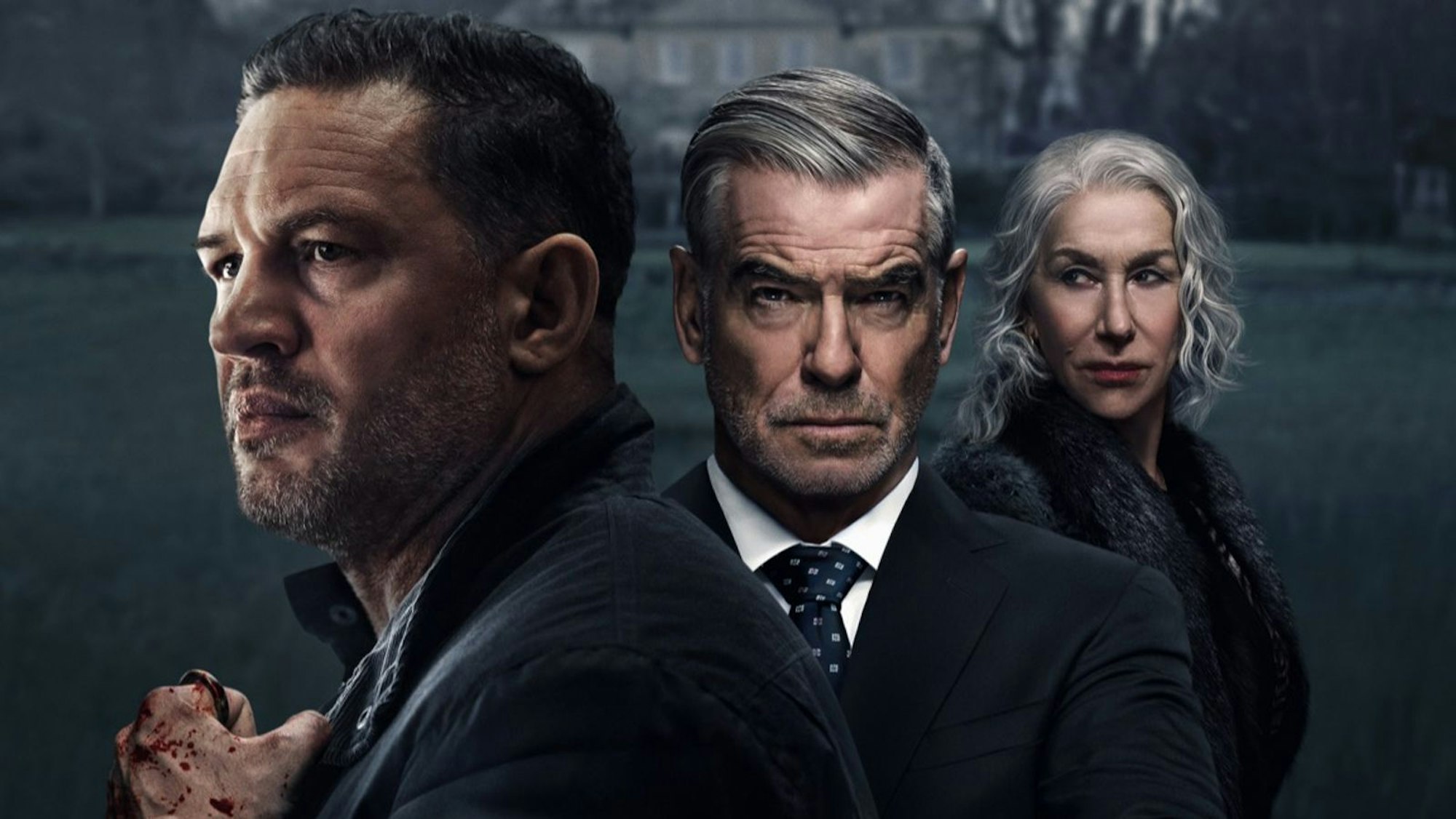 Tom Hardy (links), Pierce Brosnan, Helen Mirren: Die geballte Star-Power lenkt in der Thrillerserie „Mobland - Familie bis aufs Blut“ von einigen Schwächen der ziemlich gewöhnlichen Gangster-Story ab. (Bild: ©2025 Viacom International Inc. / Paramount +)