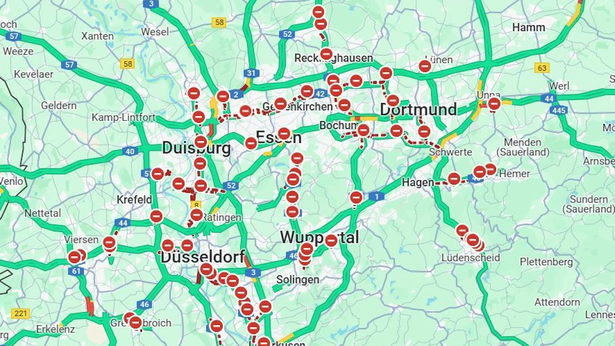 Laut Google Maps sind am Donnerstag sämtliche Autobahnen gesperrt (Stand 12.32 Uhr).