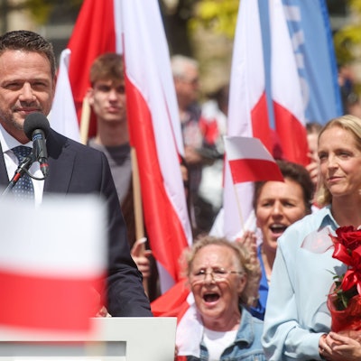Der Bürgermeister von Warschau und Kandidat der Bürgerkoalition (KO) für die polnischen Präsidentschaftswahlen, Rafal Trzaskowski, auf einer Wahlkampfveranstaltung.
