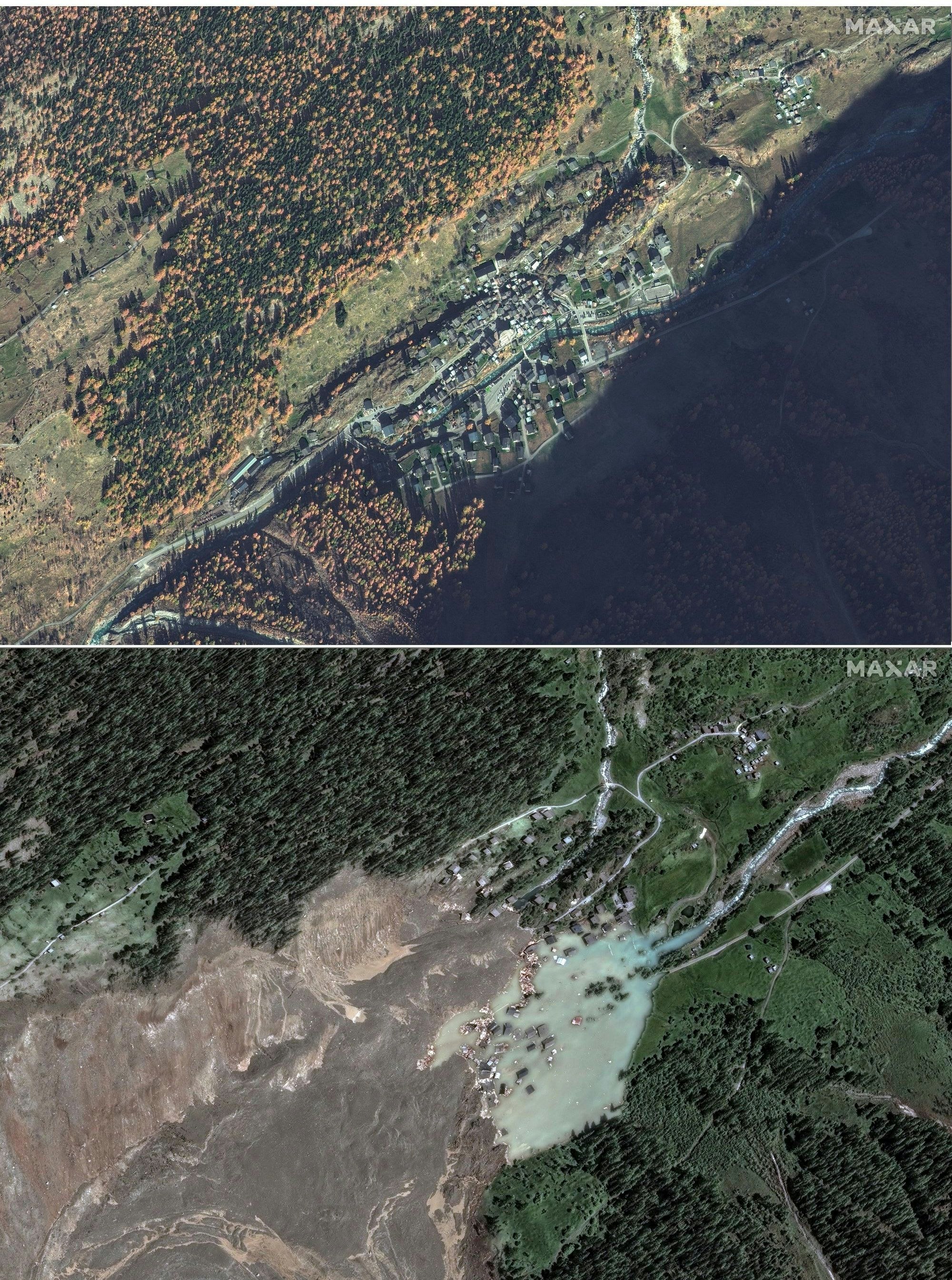 HANDOUT - 29.05.2025, Schweiz, Blatten: KOMBO - Die Bildkombo zeigt das Dorf Blatten in der Schweiz am 3. November 2024 (oben) und am Donnerstag, den 29. Mai 2025 (unten), nach einer Schlammlawine. Foto: Maxar Technologies/Maxar Technologies/AP/dpa - ACHTUNG: Nur zur redaktionellen Verwendung im Zusammenhang mit der aktuellen Berichterstattung und nur mit vollständiger Nennung des vorstehenden Credits +++ dpa-Bildfunk +++