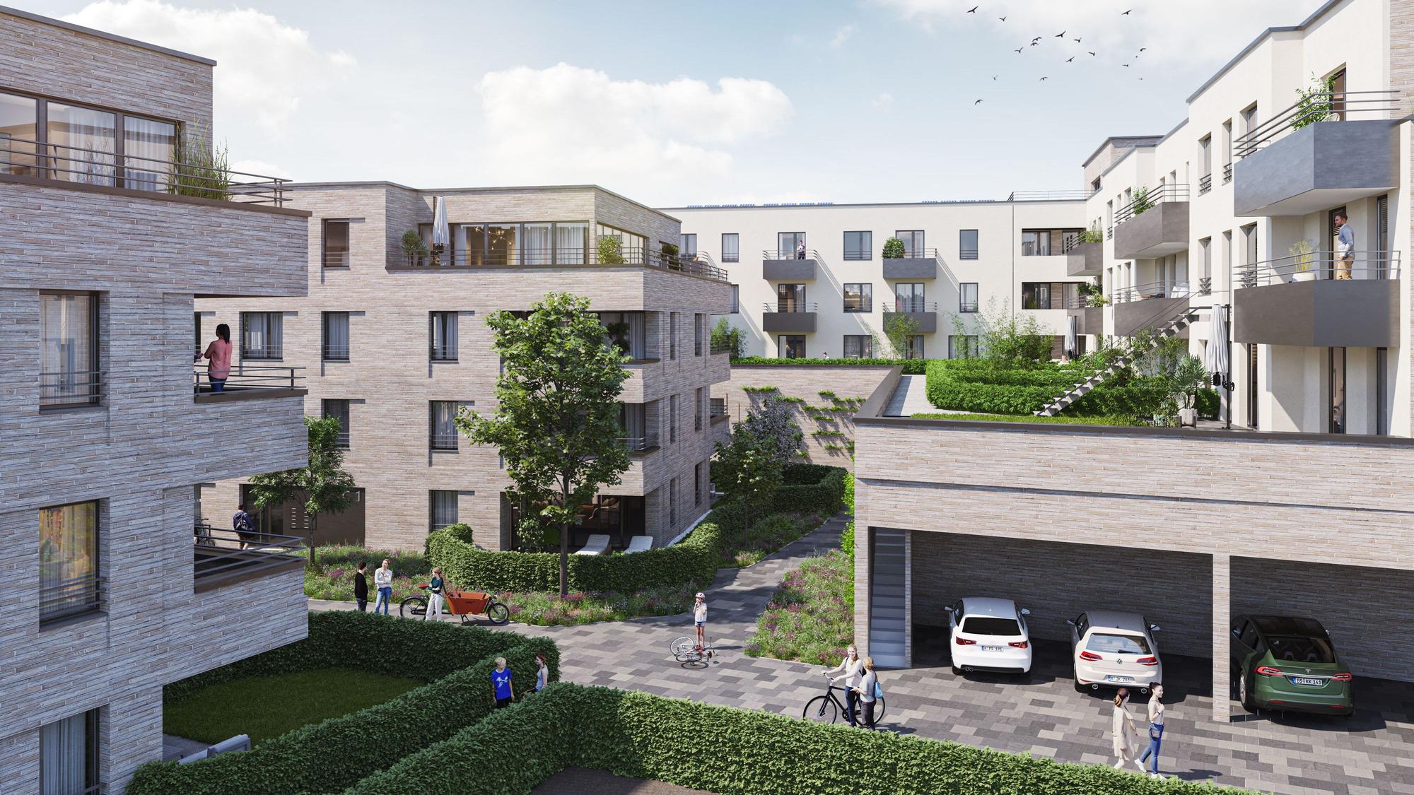 Blick in den Hof, wo drei dreigeschossige Wohngebäude mit Staffelgeschoss und Tiefgarage entstehen sollen.