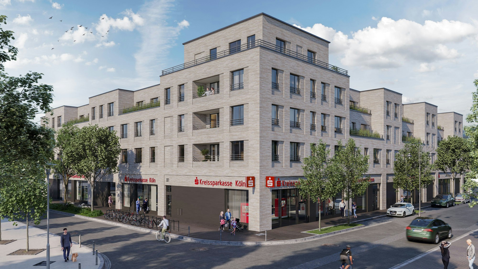 Die Ansicht des Neubaus an der Ecke Frankfurter Straße/Lindenstraße in einer Architekten-Visualisierung.